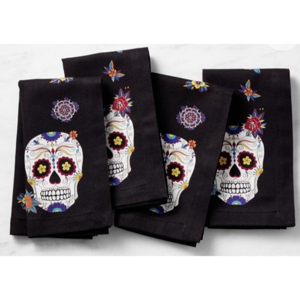 NWT 4 Williams Sonoma Black Dinner Napkins Day of the Dead Skull Cinco De Mayo